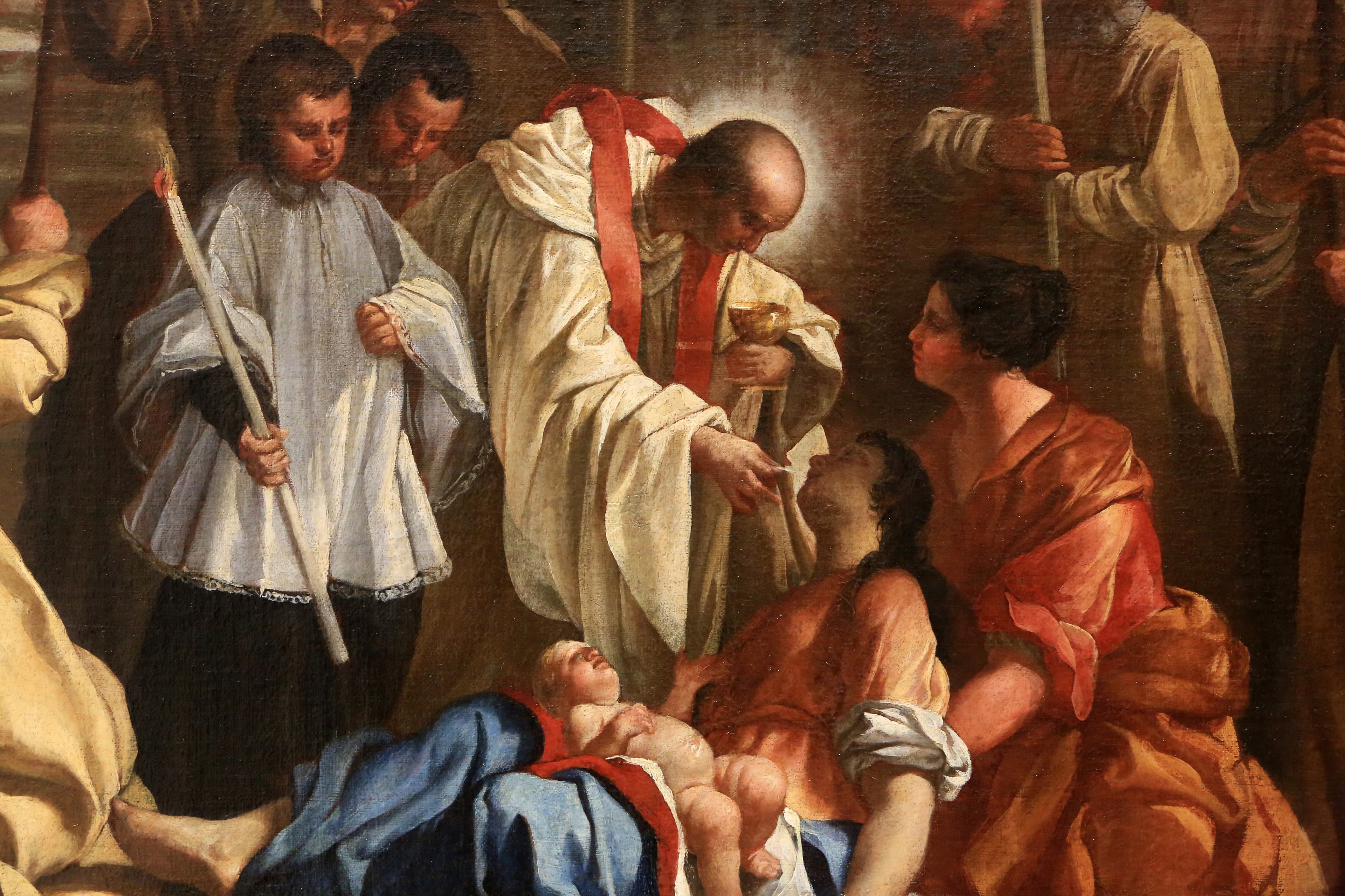 Historisches Gemälde: Priester spendet einem Kranken die Kommunion