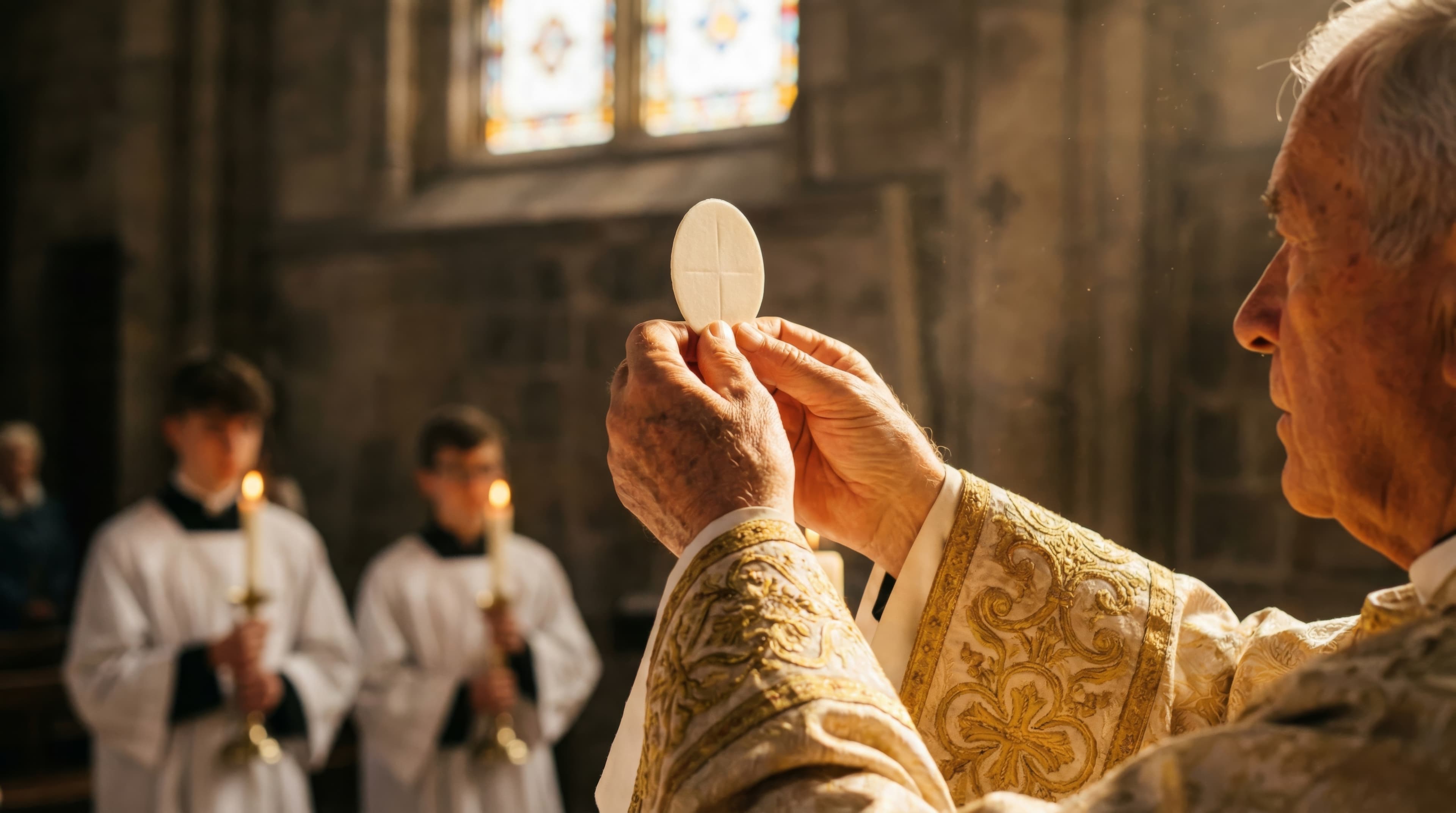 Priester erhebt die Hostie, im Hintergrund Ministranten mit Kerzen
