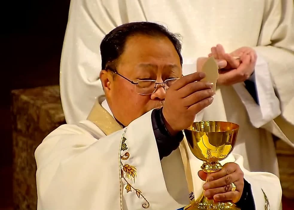 Priester hebt Hostie und Kelch bei der Wandlung